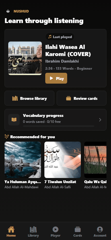 NUSHUD home screen on mobile, showing continue listening, vocabulary progress, and recommended nasheeds