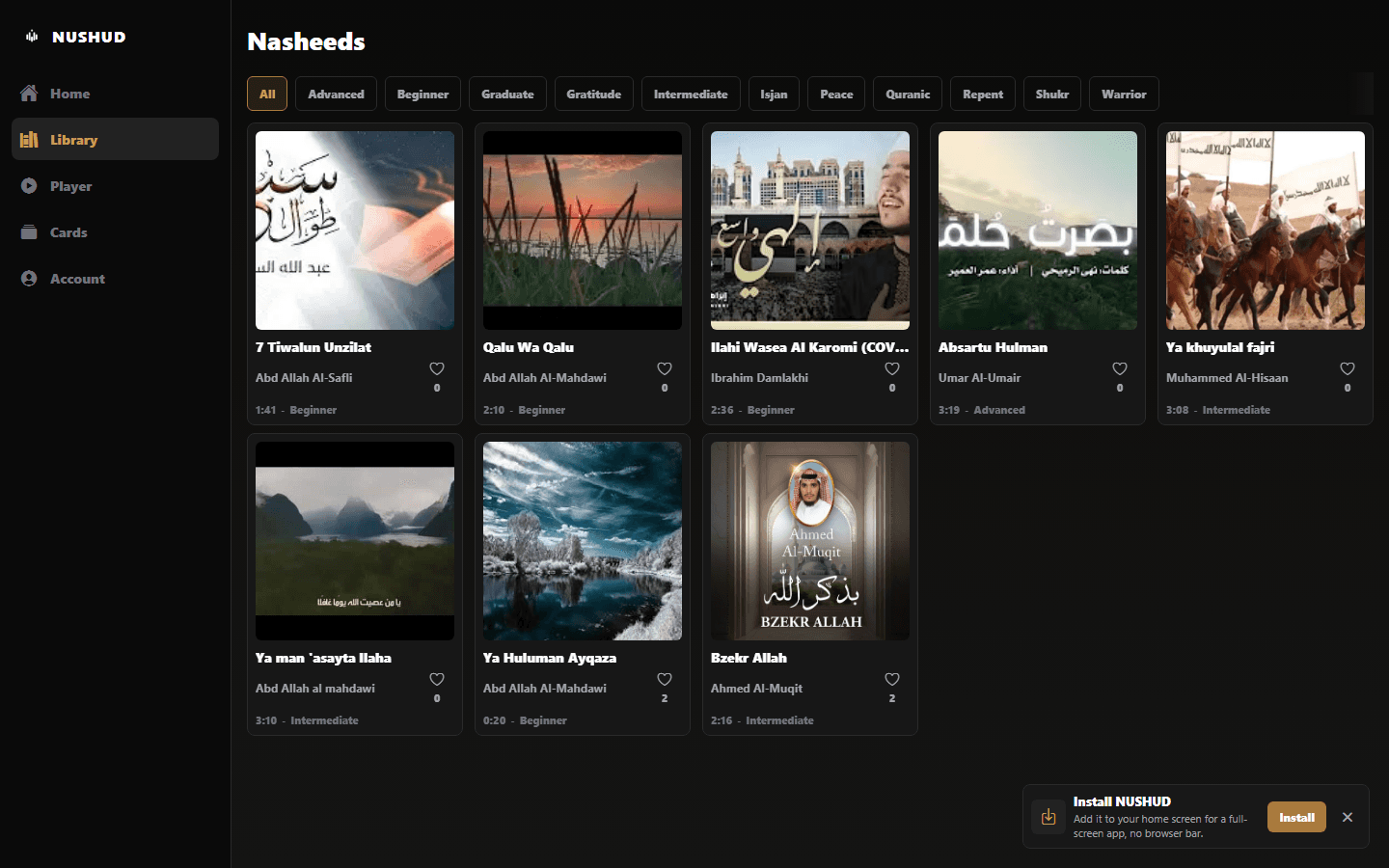 NUSHUD library on desktop, showing a grid of nasheeds with cover art, artist, duration, and difficulty